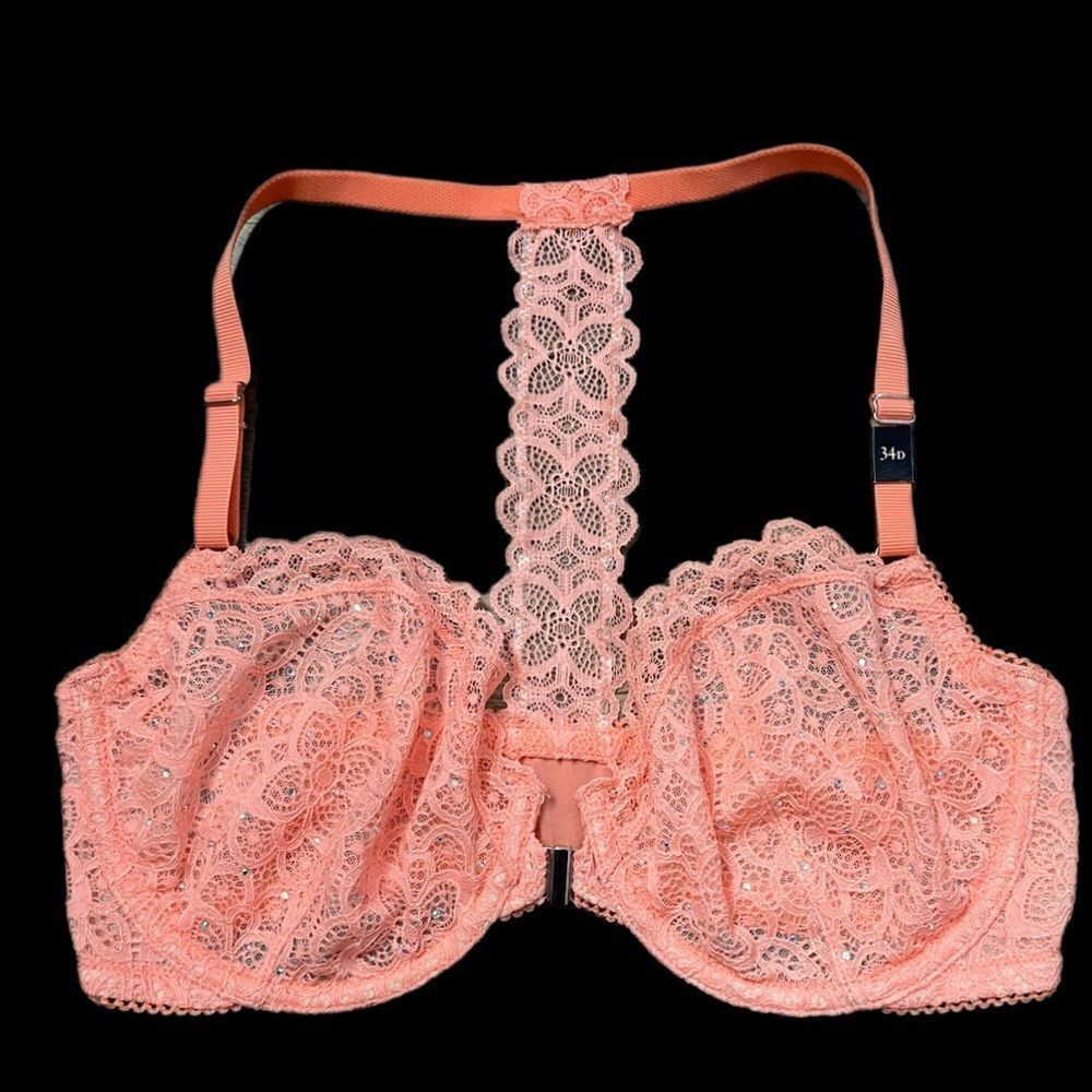 Victorias Secret Dream Angels Unlined Demi Rhinestone Embellished Lace bra coral